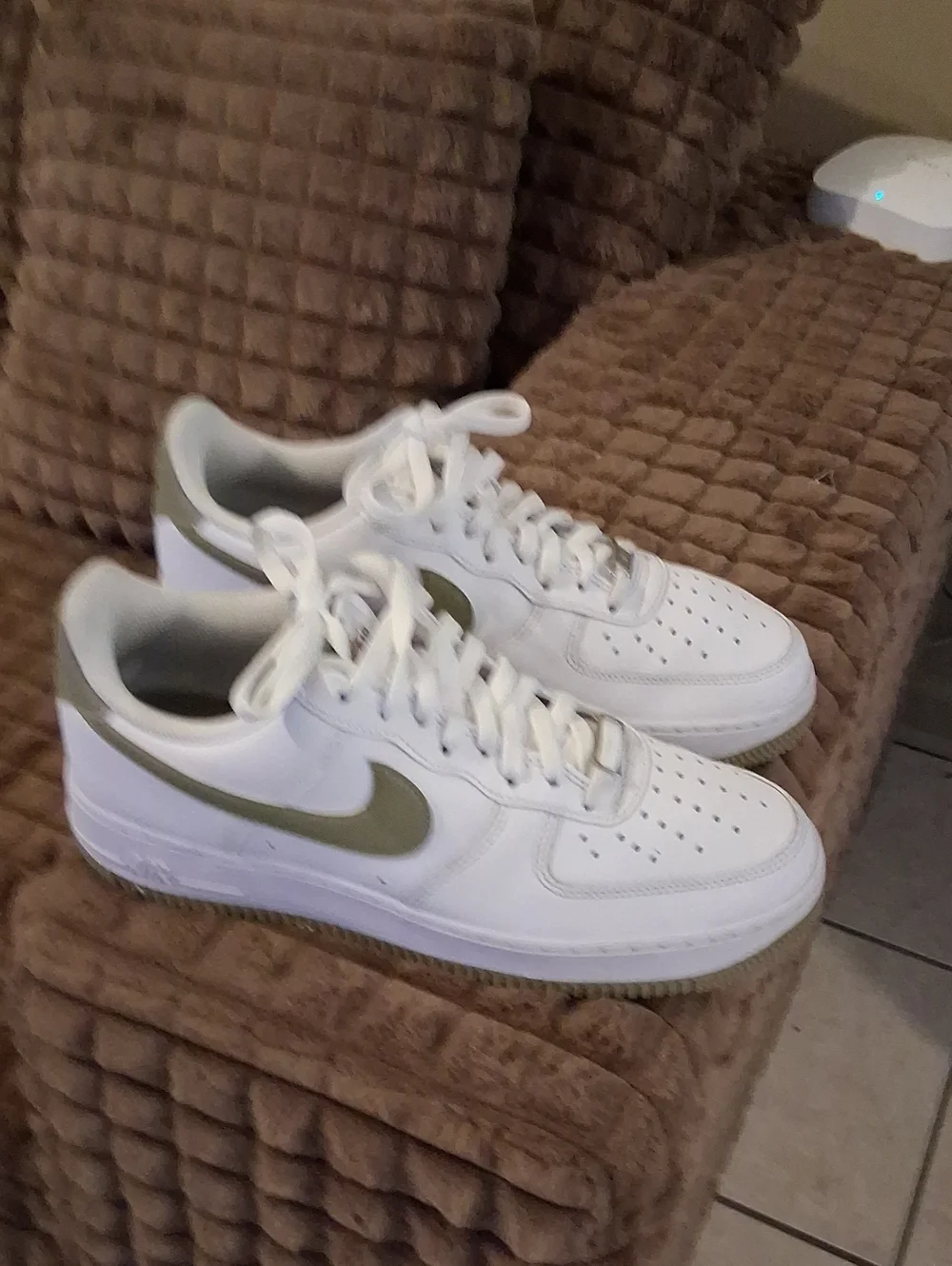 Nike White Low-Top Athletic Sneakers with Olive Swoosh